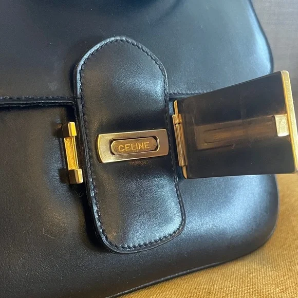 Vintage Celine Triomphe Flap Box Bag in Midnight gold hardware - Picture 6 of 16